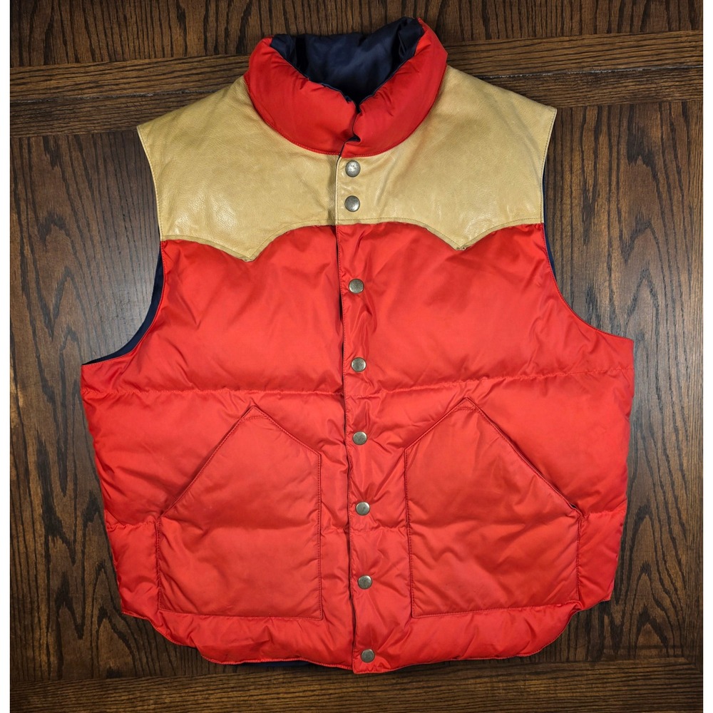 Rugby Ralph Lauren Mens XL Down Puffer Vest Red Tan Leather Western Yoke Pockets